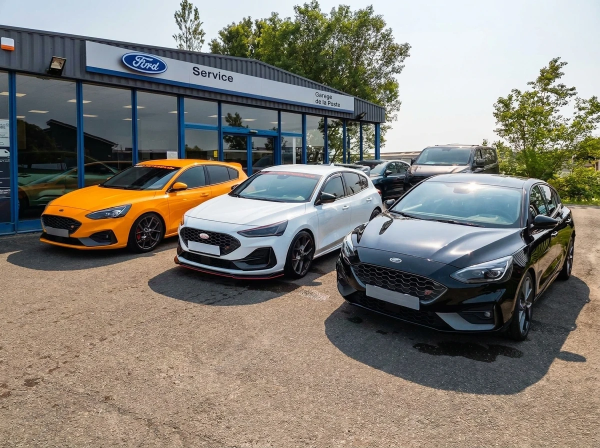 Extérieur, parking ou showroom automobile avec véhicules garés en rangée